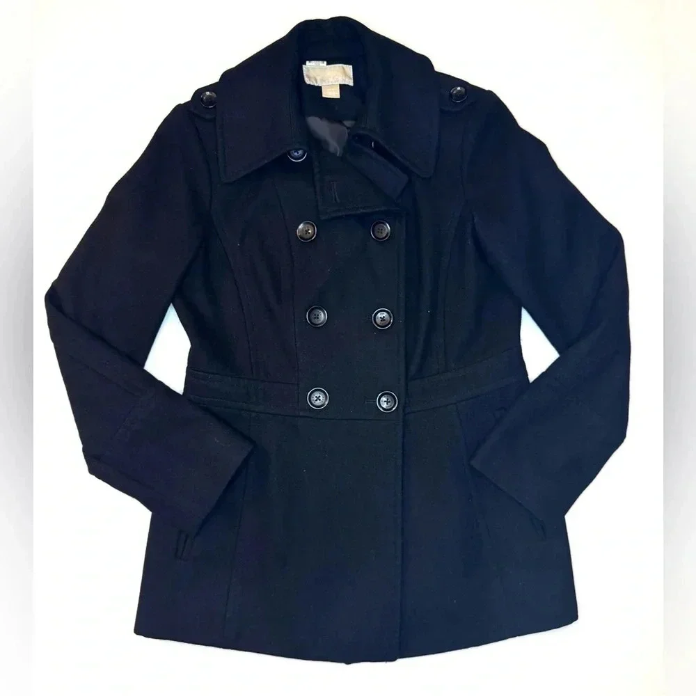 Michael Kors Women’s Black Wool Blend Double Breasted Pea Coat Size - Small